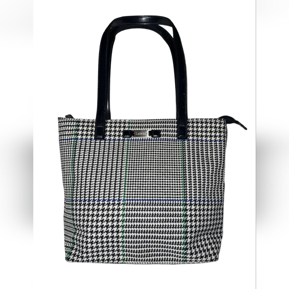 NEW RALPH LAUREN Green Black White Houndstooth Shoulder Hobo Handbag - Picture 1 of 5